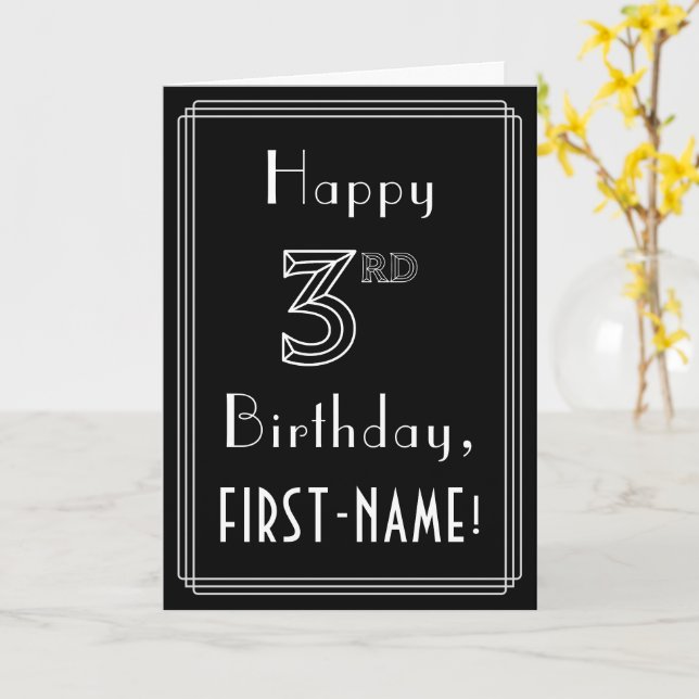 Cartão 3rd Birthday: Art Deco Style # 3 & Custom Name (Flor Amarela)