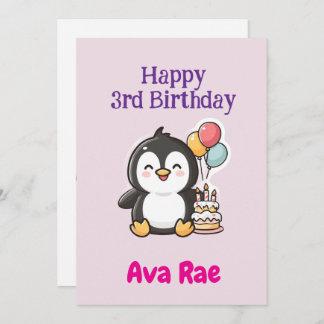 Cartão 3rd Birthday, Girl, Penguin, Personalized Flat