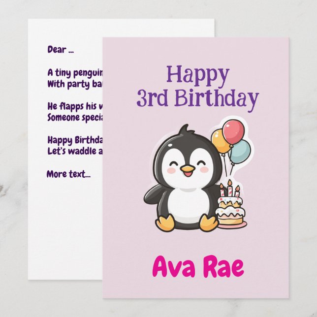 Cartão 3rd Birthday, Girl, Penguin, Personalized Flat (Frente/Verso)