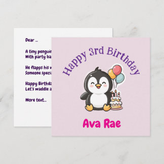 Cartão 3rd Birthday, Penguin, Girl Personalized Flat
