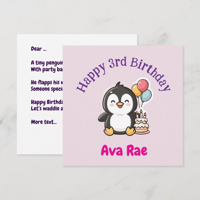 Cartão 3rd Birthday, Penguin, Girl Personalized Flat (Frente/Verso)