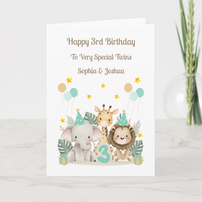 Cartão 3rd Birthday Safari Animals Twin Birthday Card (Frente)