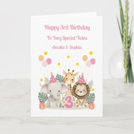 Cartão 3rd Birthday Safari Animals Twin Girls Card