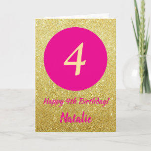 Cartão 4º aniversário feliz rosa quente e Dourado brilho