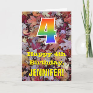 Cartão 4º Aniversário; Folhas de Outono Rústicas; "4" Arc
