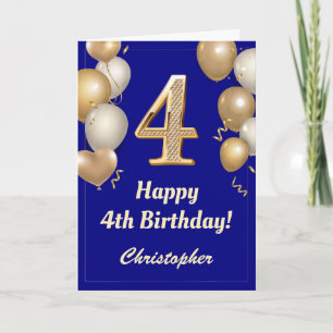 Cartão 4º Aniversário Marinho Azul e Dourado Balões Co