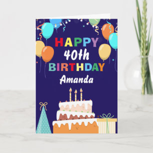 Cartão 40ª Feliz aniversário Balões de Bolo Marinho Azul