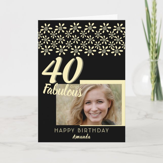 Cartão 40 & Fabulosa Daisy Flower Watercolor Foto Preta (Frente)