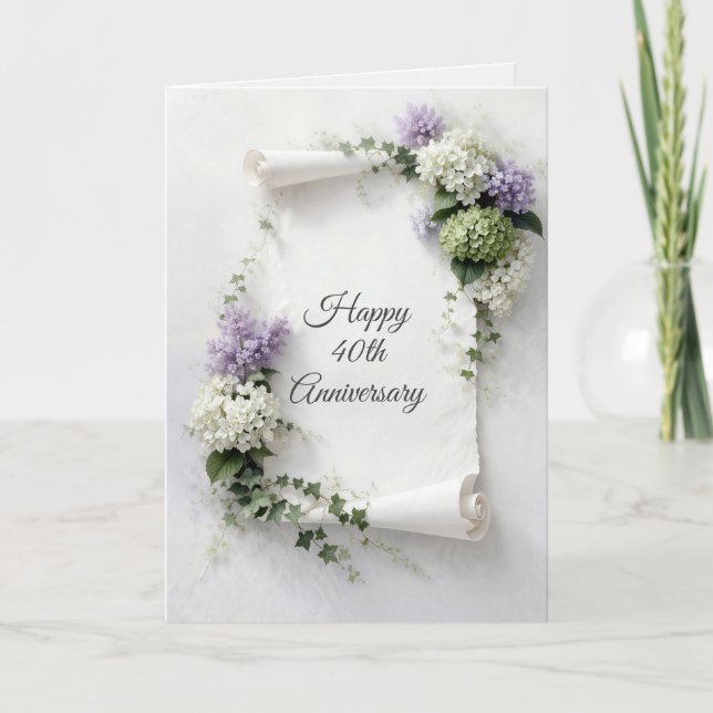 Cartão 40th Anniversary Scroll Lilacs and Hydrangeas  (Frente)
