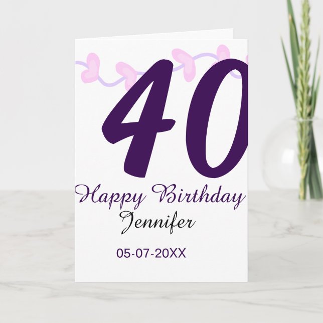 Cartão 40th birthday add name date year purple floral pin (Frente)