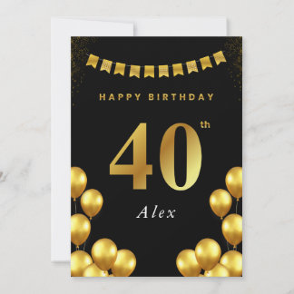 Cartão 40th Birthday Card Black and Gold Balloons