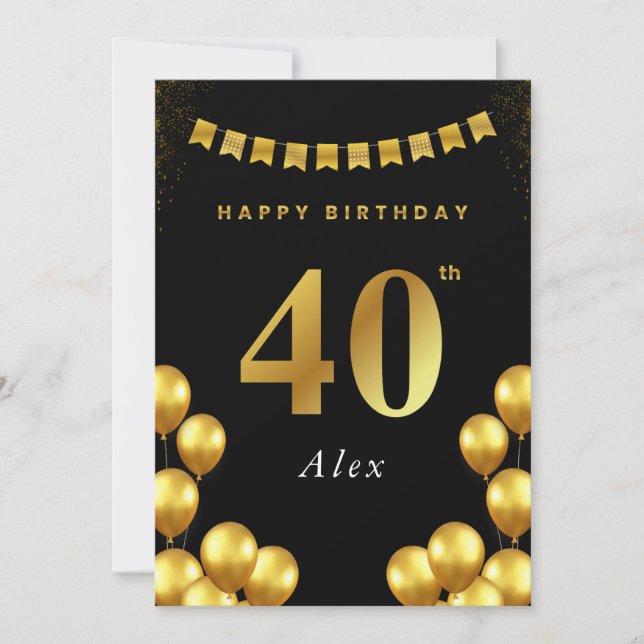 Cartão 40th Birthday Card Black and Gold Balloons (Frente)