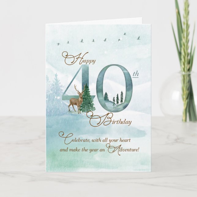 Cartão 40th Birthday Evergreen Pines and Deer Nature (Frente)