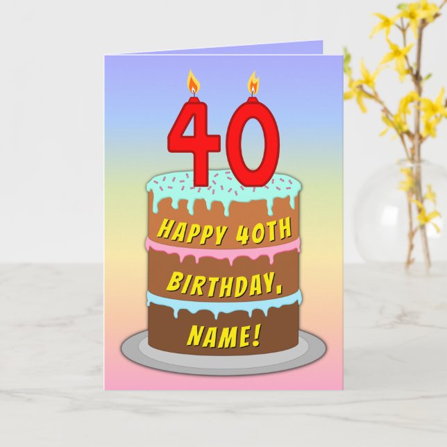 Cartão 40th Birthday — Fun Cake & Candles, w/ Custom Name (Flor Amarela)