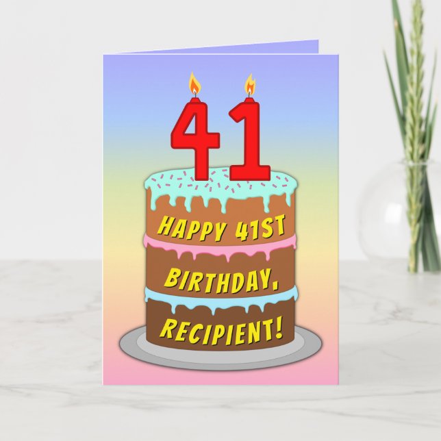 Cartão 41st Birthday — Fun Cake & Candles, w/ Custom Name (Frente)