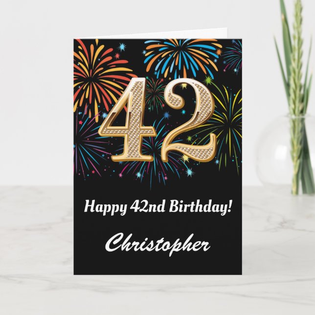 Cartão 42º aniversário do Rainbow Fireworks preto e Doura (Frente)
