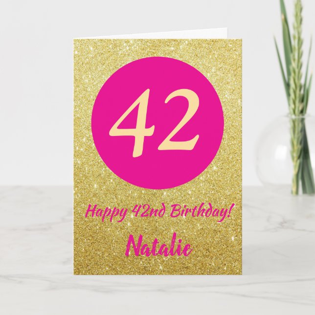 Cartão 42nd Happy Birthday Hot Pink and Gold Glitter (Frente)