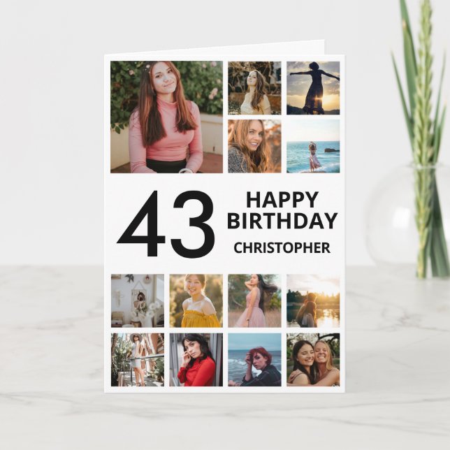 Cartão 43º Aniversário Colagem de Fotos 13 Fotos Preto Br (Frente)