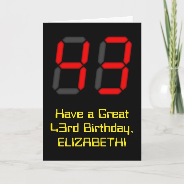 Cartão 43rd Birthday: Red Digital Clock Style "43" + Name (Frente)