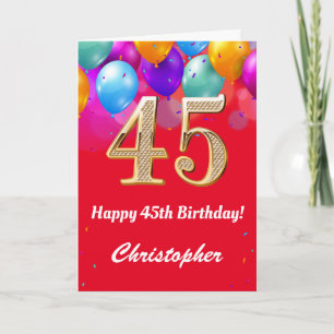 Cartão 45.º Aniversário Balões Vermelhos e Dourados Co