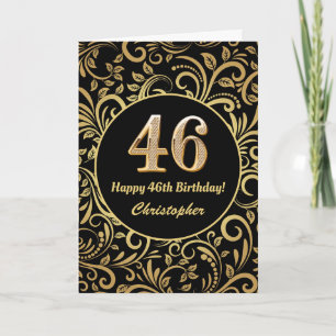 Cartão 46.º Aniversário Padrão Floral Dourado e Preto