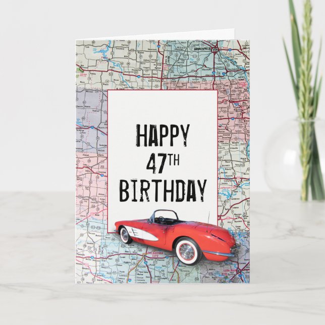 Cartão 47.º Aniversário - Retro Corvette no Mapa (Frente)