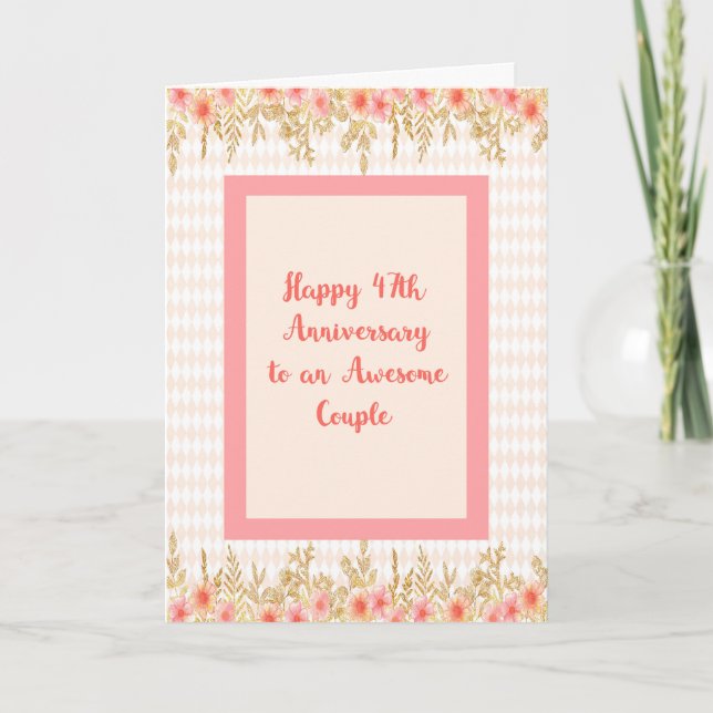 Cartão 47th Anniversary Card, Peach with Floral Borders (Frente)