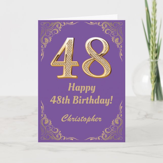 Cartão 48.º aniversário, Roxo e Dourado quadro de brilho (Frente)