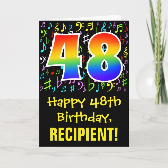 Cartão 48th Birthday: Colorful Music Symbols + Rainbow 48 (Frente)