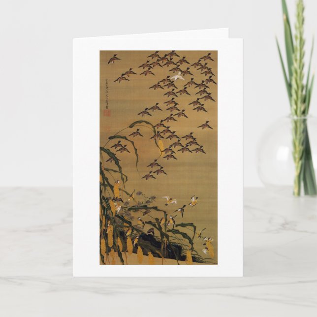 Cartão 4. 秋塘群雀図, rebanho dos pardais, Jakuchū do 若冲 (Frente)
