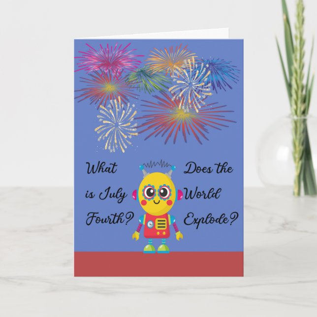 Cartão 4 de julho para crianças com robô e fogos de artif (Frente)