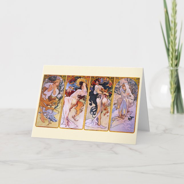 Cartão 4 Estações de Alphonse Mucha, Arte Nouveau Antiga (Frente)