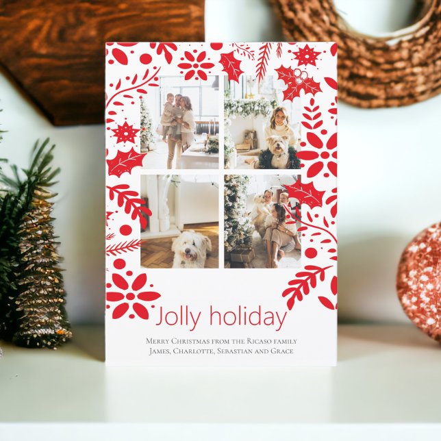 Cartão 4 Foto Jolly Holiday Floral de Natal Nórdico (4 Photo Jolly Holiday Nordic Flower Christmas Card featuring holly. From Ricaso. Add your own photos)