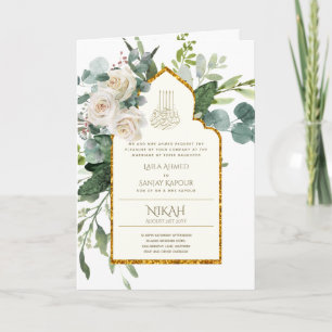 Cartão 4 Páginas NIKAH WALIMA Convidar Rosas Brancas Wed