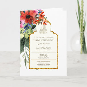 Cartão 4 Páginas NIKAH WALIMA Convide Red Floral Islâmi