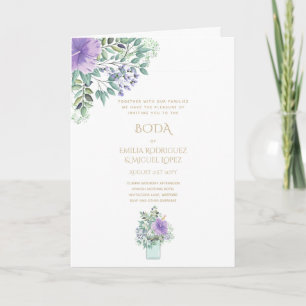 Cartão 4 pg NUESTRA BODA Dourados Roxos Convidados