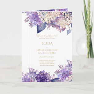 Cartão 4 pg NUESTRA BODA Dourados Roxos Convidados