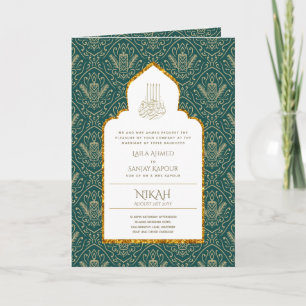 Cartão 4Pg NIKAH WALIMA Convidar Ornamentado Verde Branco