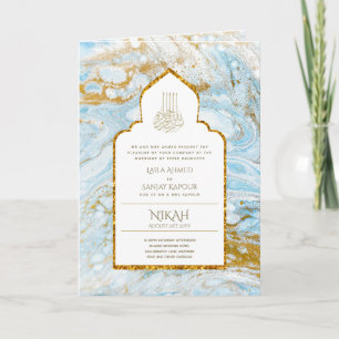 Cartão 4Pg NIKAH WALIMA Convide Blue Dourado Islâmico