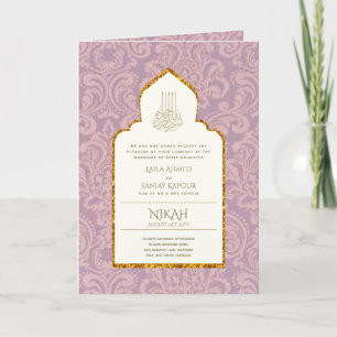 Cartão 4Pg NIKAH WALIMA Convide Mauve Paisley Rosa-Islâm