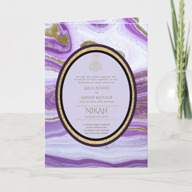 Cartão 4Pg NIKAH WALIMA Roxo Glitor de Agato de Mármaco D (Frente)