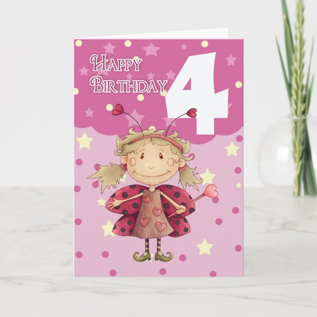 Cartão 4th birthday card with cute ladybug fairy (Frente)