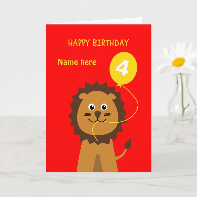 Cartão 4th birthday lion add name childrens red (Planta pequena)