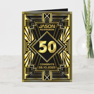 Cartão 50º aniversário Art Deco Dourado Preto