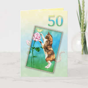 Cartão 50º Aniversário com um gato brincalhão