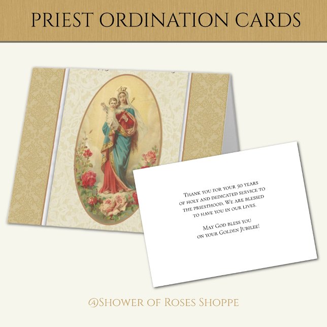 Cartão 50º Aniversário da Ordenação Bem-Aventurada Virgem (Beautiful Catholic Priest Deacon ordination cards - Easy to personalize!)