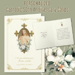 Cartão 50º aniversário do casamento Jubileu Jesus<br><div class="desc">Celebrar um casal especial Aniversário de Casamento com esta bela imagem católica tradicional do Coração Sagrado de Jesus. Dentro é um verso das escrituras,  cruz de ouro com anéis de casamento,  e a imagem do Coração Sagrado. Todos os textos e fontes podem ser modificados.</div>