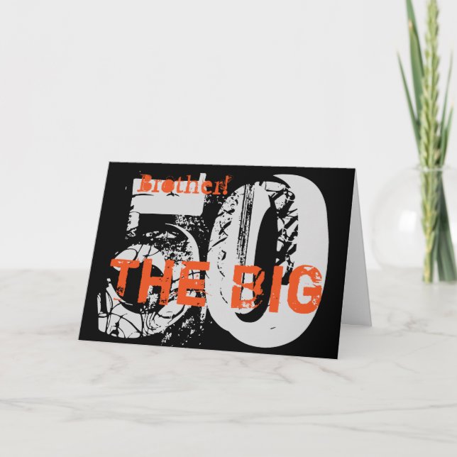 Cartão 50º aniversário, irmão, laranja, preto, branco. (Frente)