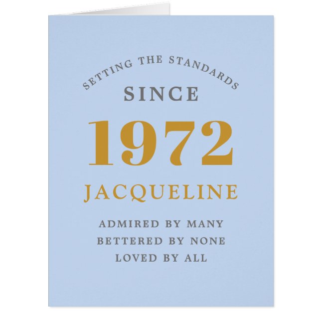Cartão 50º Aniversário Nome 1972 Blue Elegant Chic (Frente)