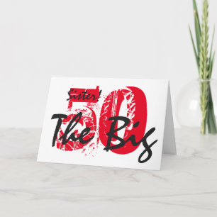 Cartão 50º aniversário para irmã, preto, texto vermelho, 
